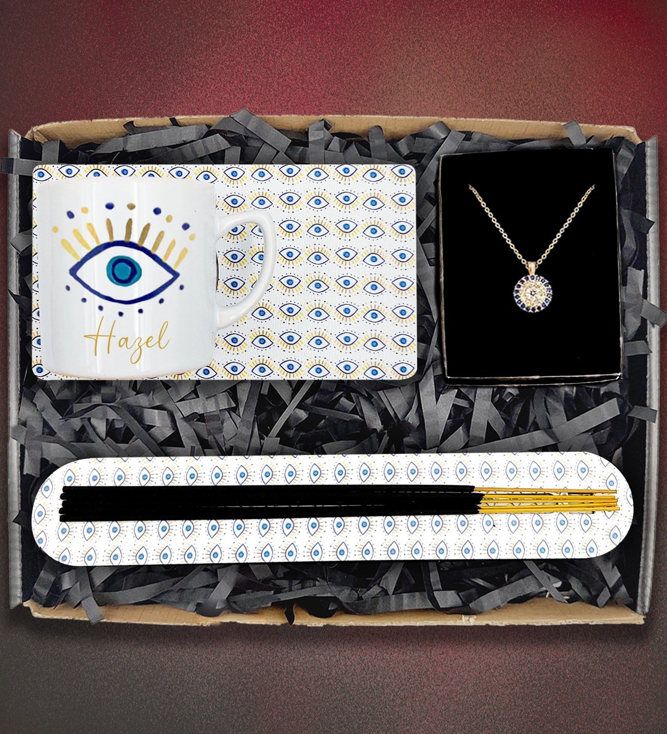 Kişiye Özel Nazar Kahve Fincanı&Nazar Ahşap Altlık&Nazar Kolye&Tütsü Seti