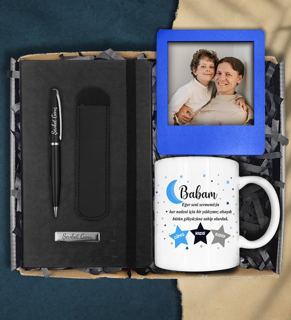 Babalar Günü Kişiye Defter&Kişiye Özel Kupa&Kişiye Özel Deri Kılıflı Kalem&Siyah Fotoğraflı Çerçeve Hediye Seti