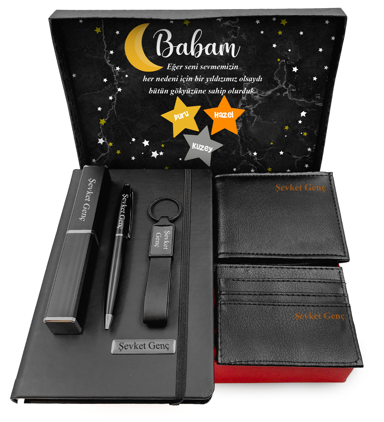 Babalar Günü Kişiye Özel Kutu İçerisinde Defter&Kalem&Anahtarlık&Cüzdan&Kartvizitlik Siyah Hediye Seti