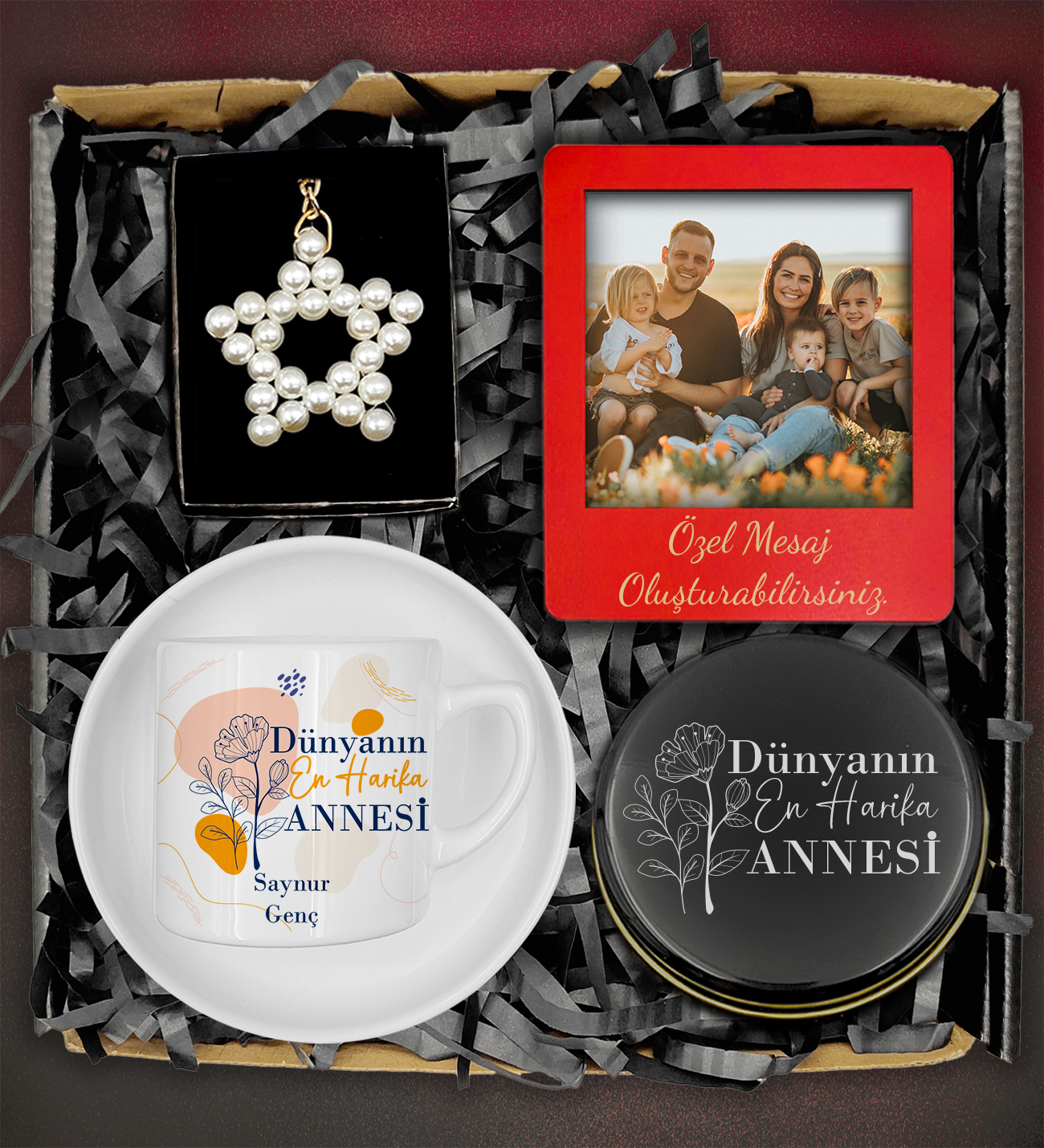 Anneler Günü Kişiye Özel Kahve Fincanı&Kişiye Özel Mum&Fotoğraflı Çerçeve&İnci Anahtarlık Hediye Kutusu