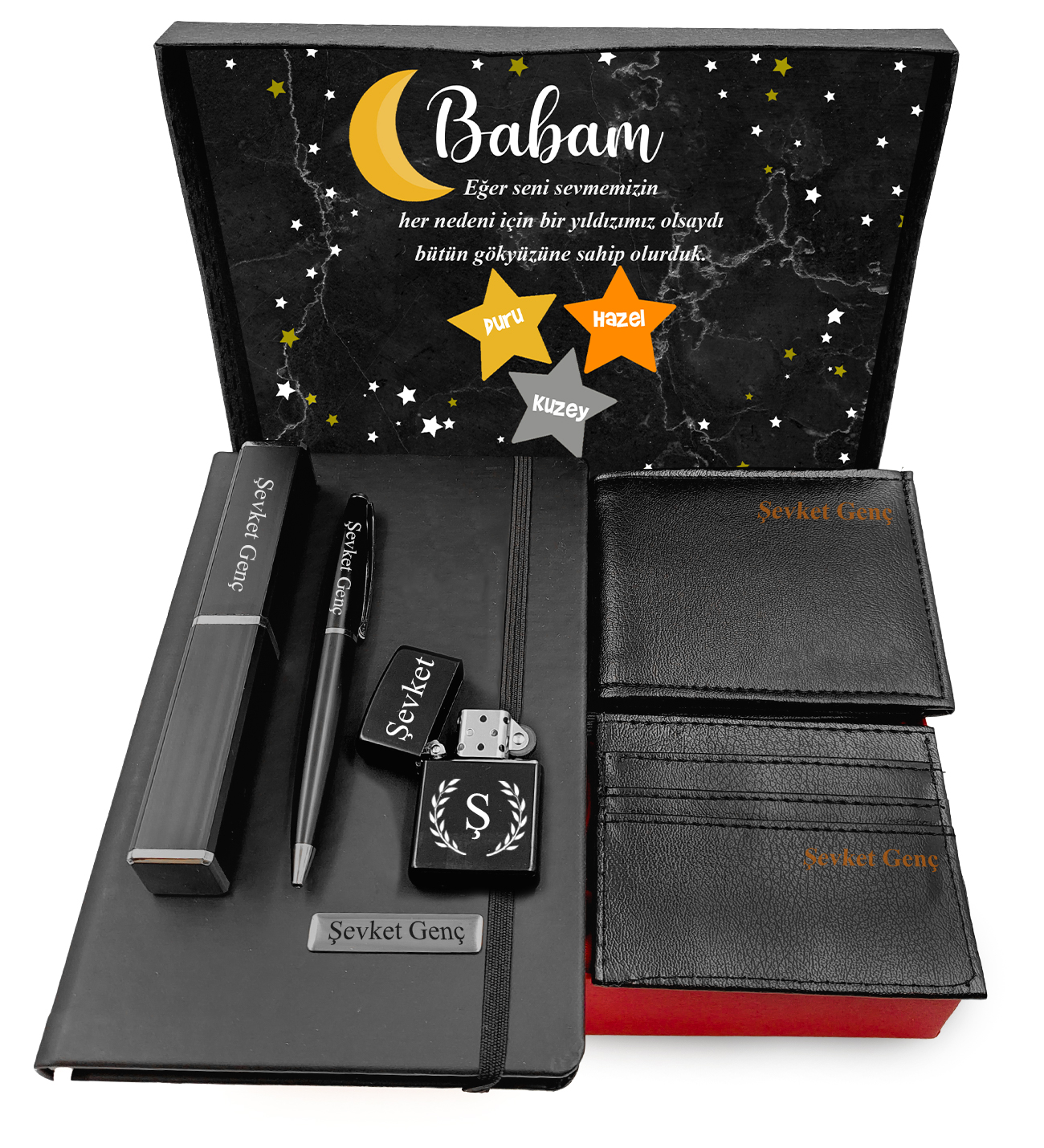 Babalar Günü Kişiye Özel Kutu İçerisinde Defter&Kalem&Çakmak&Kartvizitlik Siyah Hediye Seti 