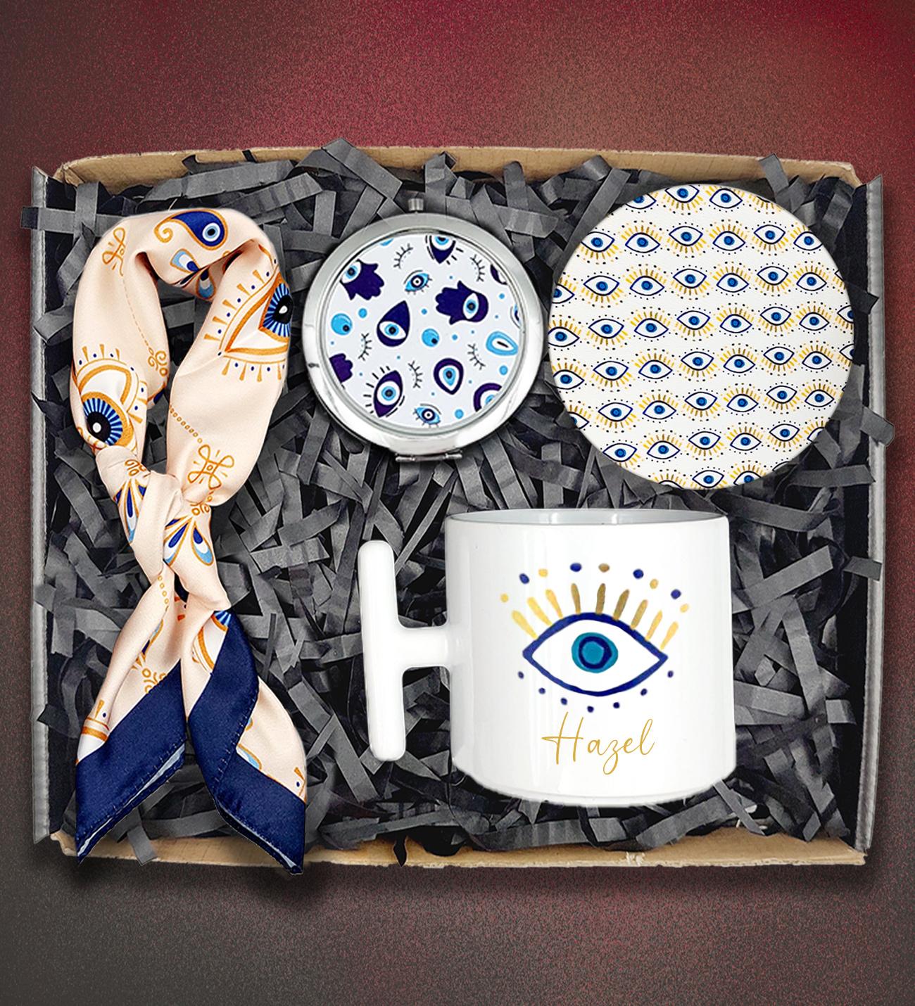Kişiye Özel Nazar Tasarım T Kupa&Nazar Fular&Nazar Ayna&Kupa Altlığı Hediye Seti
