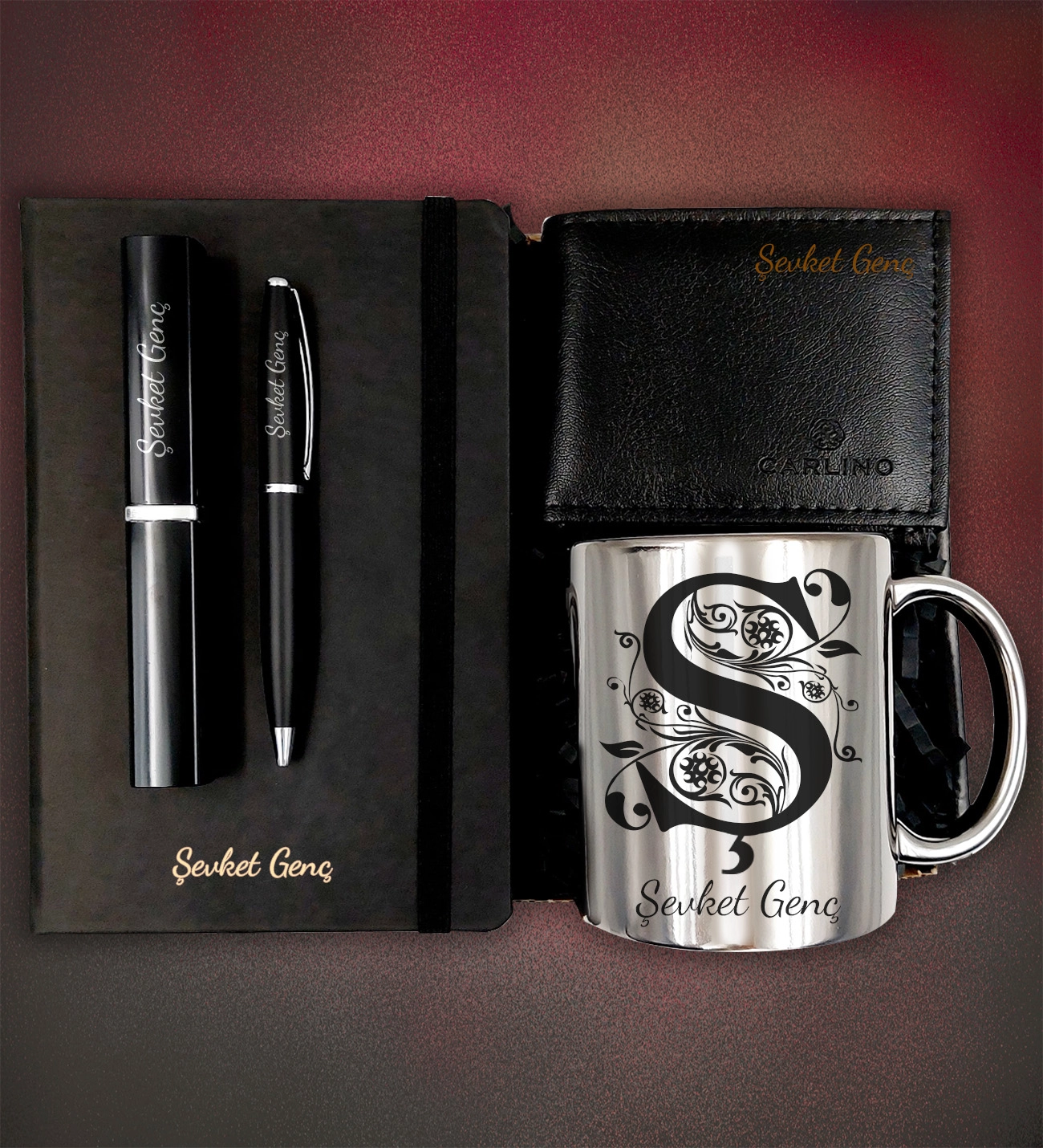 Kişiye Özel Aynalı Kupa & Defter & Kutulu Kalem&Cüzdan Hediye Kutusu