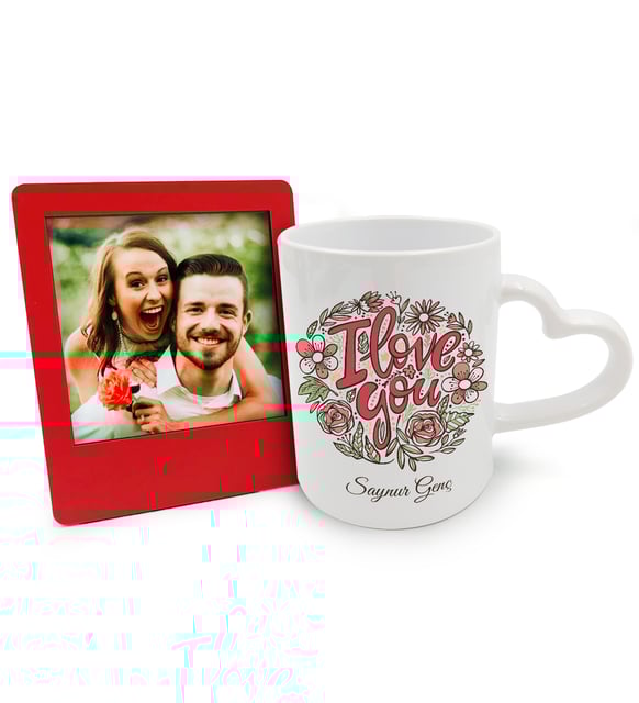 Sevdiklerinize Kişiye Özel Tasarımlı Kalp Kulplu Kupa&Fotoğraflı Çerçeve