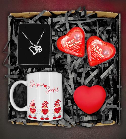Sevgililer Günü Kişiye Özel Tasarım Kupa&Kalpli Kar Tanesi Kolye&İkili Çikolata &Led Işıklı Kalp Hediye Seti