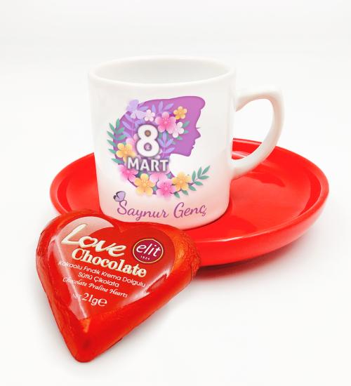 8 Mart Dünya Kadınlar Günü Kişiye Özel Tasarım Kahve Fincanı&Elit Kalp Çikolata