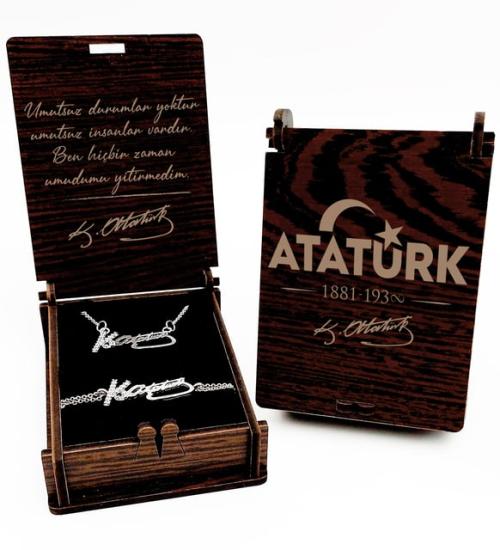 Özel Tasarım Ahşap Kutu İçerisinde Atatürk İmzalı Kolye ve Bileklik Seti
