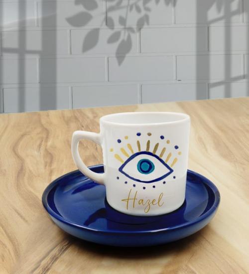 Kişiye Özel Kobalt Mavi Renk Tabaklı Nazar Tasarımlı Kahve Fincanı