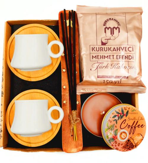 Mistik Kahve Kokulu Tütsü Seti&İkili Bambu Altlıklı Fincan & Kahve Kokulu Mum & Türk Kahvesi 